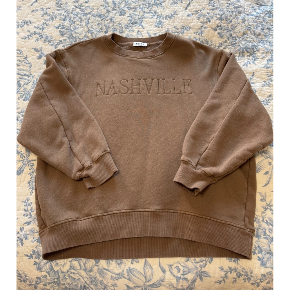 NASH Nashville Oversized Embroidered Sweatshirt Mocha Brown Large Crewneck